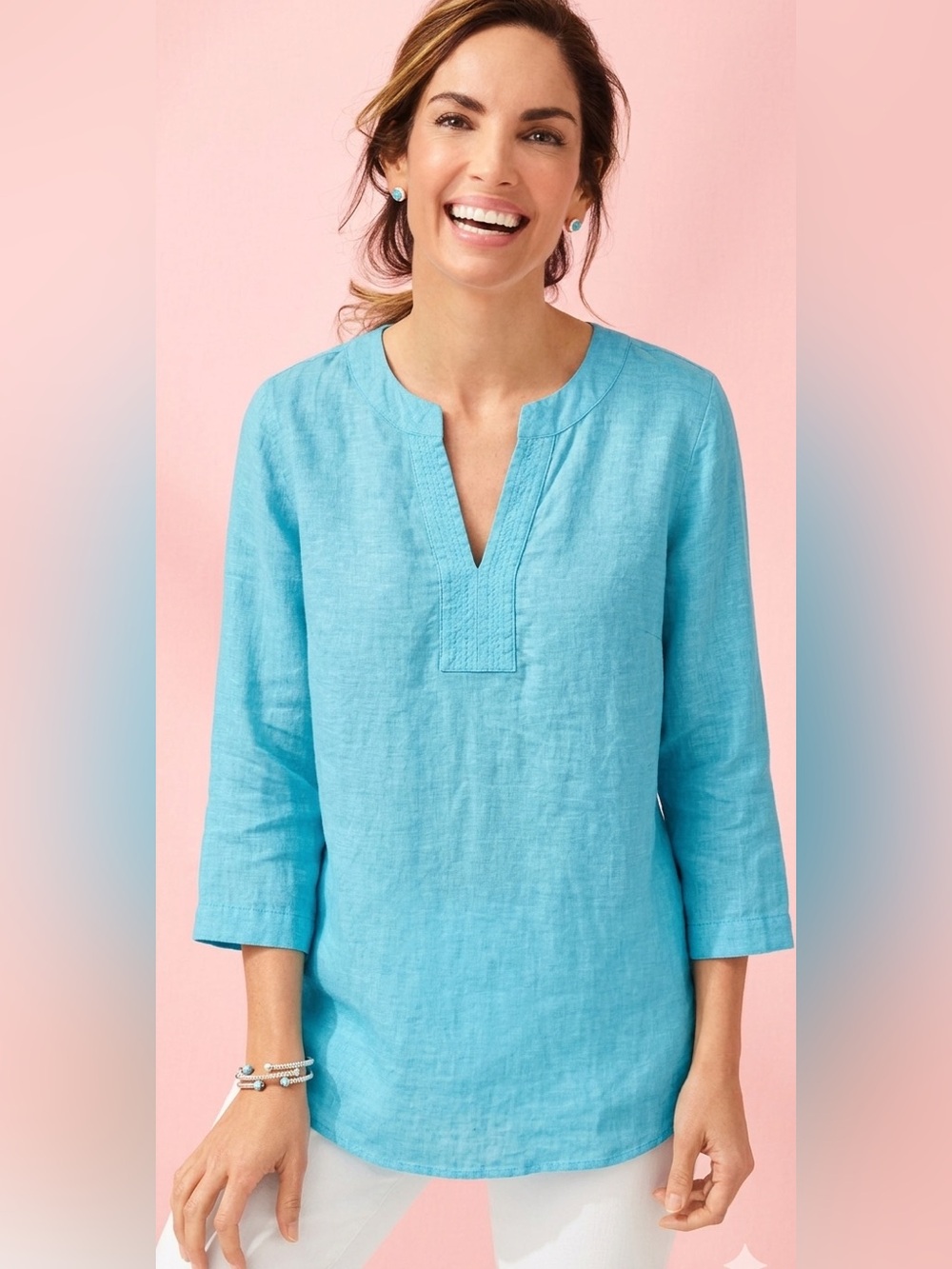 Chico's size 1/M Vibrant Aqua Blue linen Tunic blouse